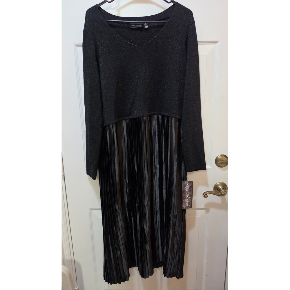 NWT Nina Leonard 1X Black Metallic Lurex Sweater Pleated Midi Dress Plus Size